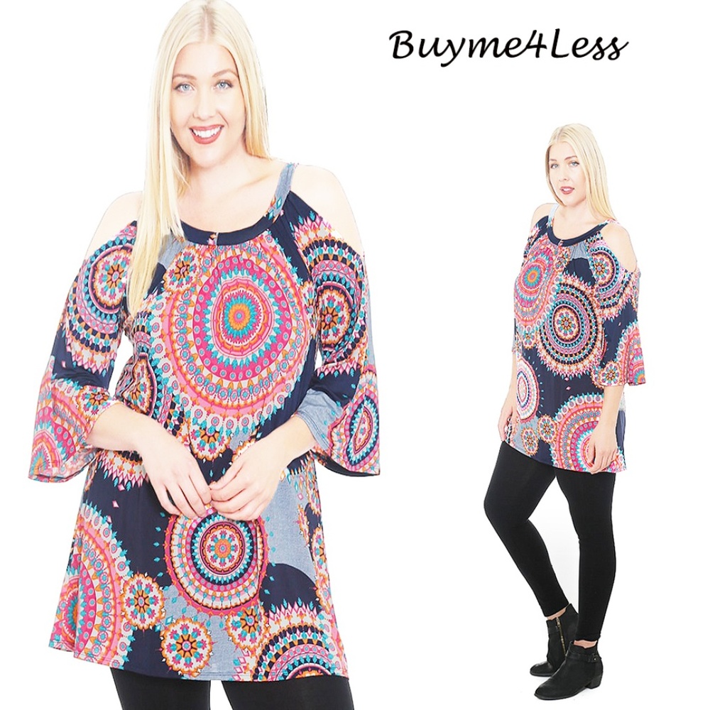 PLUS 70's Retro Cold Shoulder Medallion Shirt Top